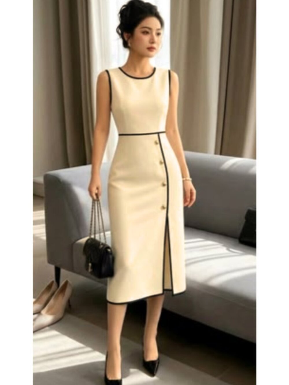 NWT Apricot Cream Sleeveless Midi Dress Black Piping Gold Buttons Size 14